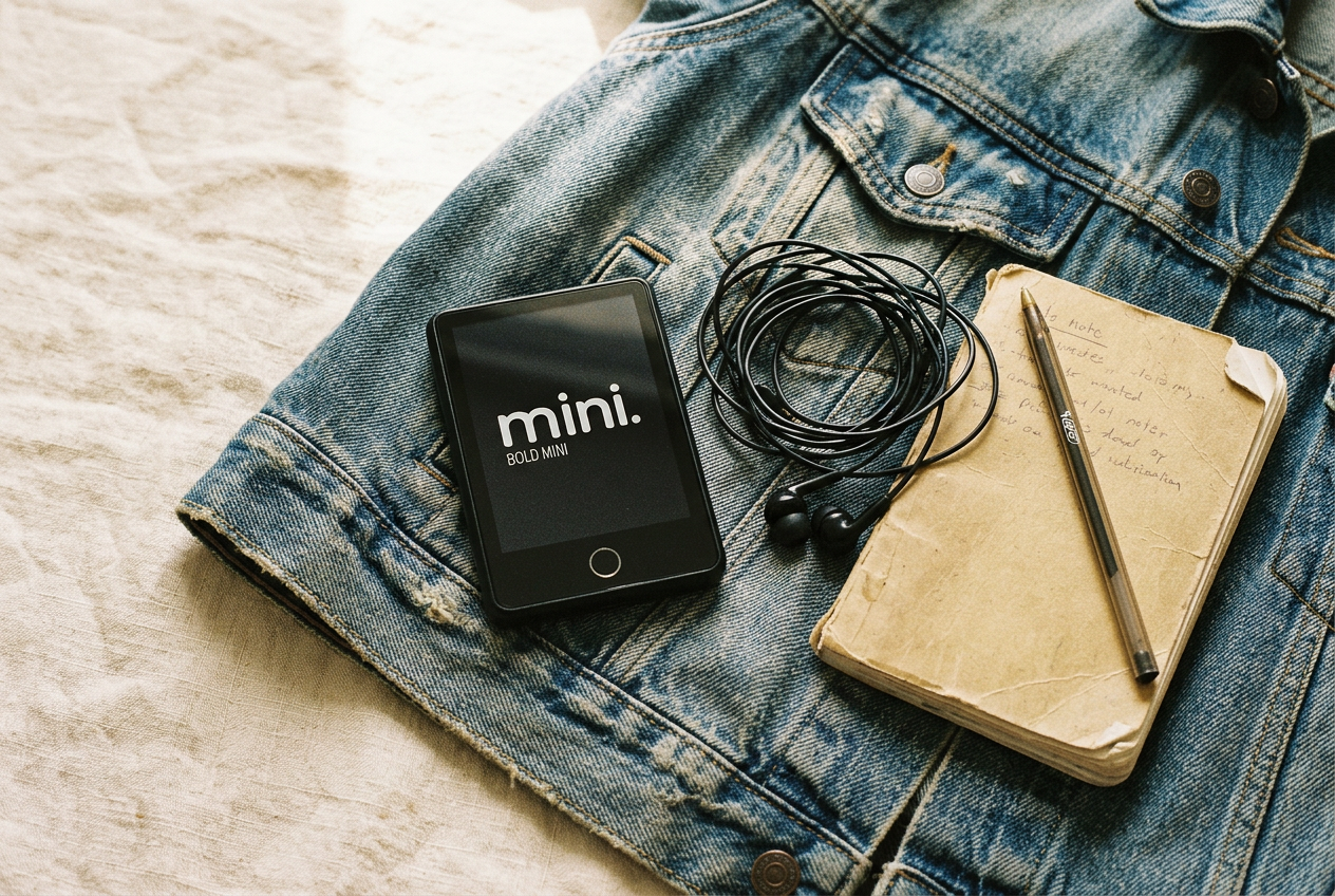 Bold Mini on a denim jacket beside wired earbuds and a notebook