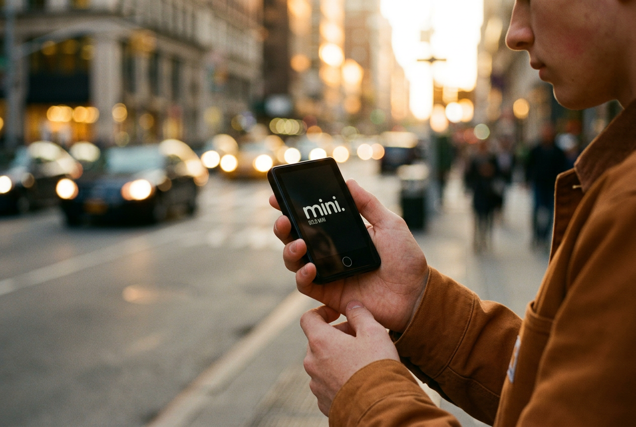 Someone holding the Bold Mini on a golden-hour city street